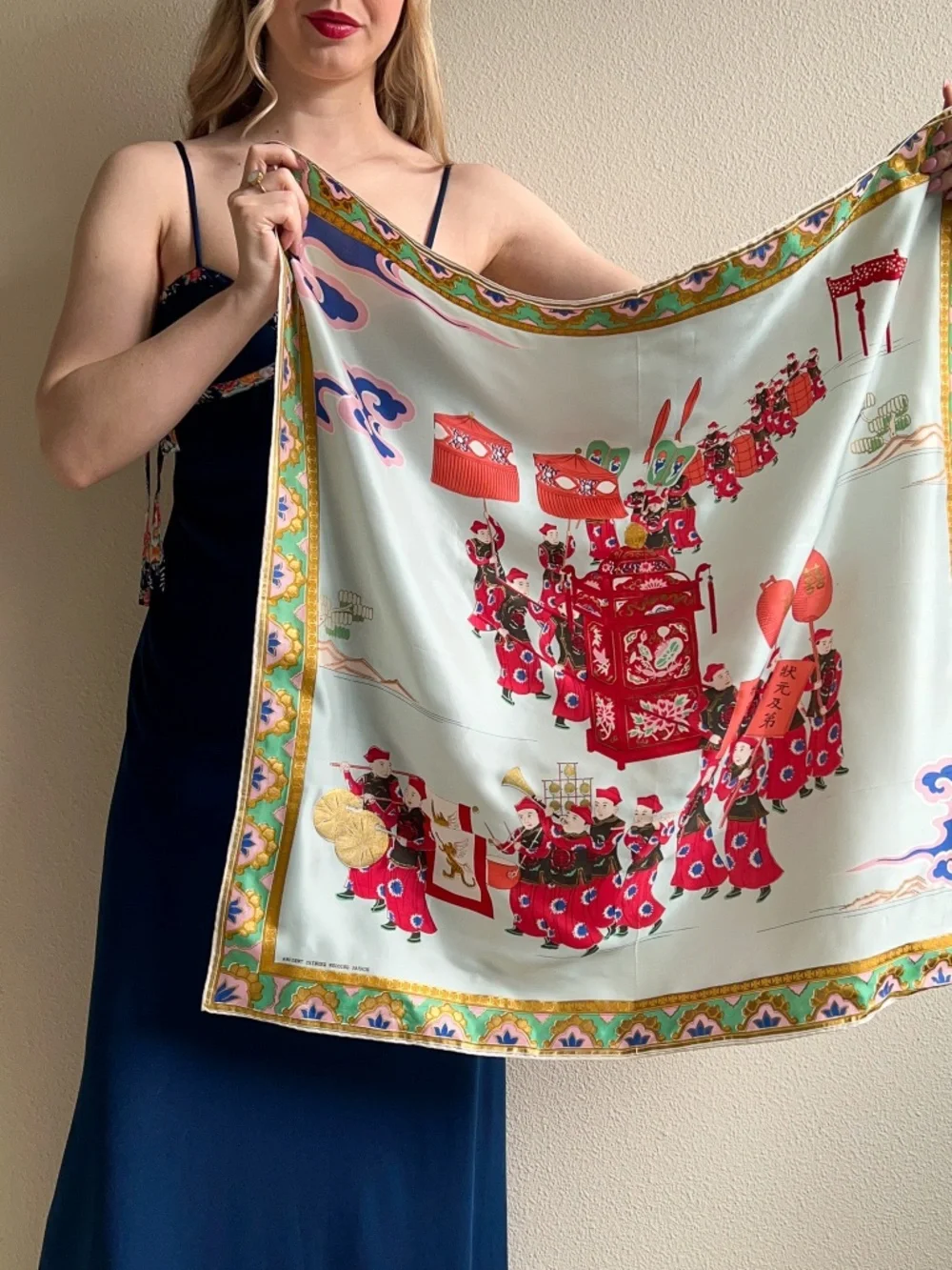 Vintage 1950s Ancient Chinese Wedding Parade Silk Scarf